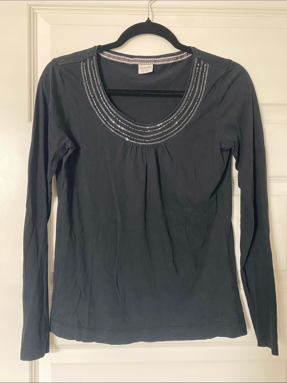Esprit Black Long-Sleeve Scoop Neck Top with beaded neck